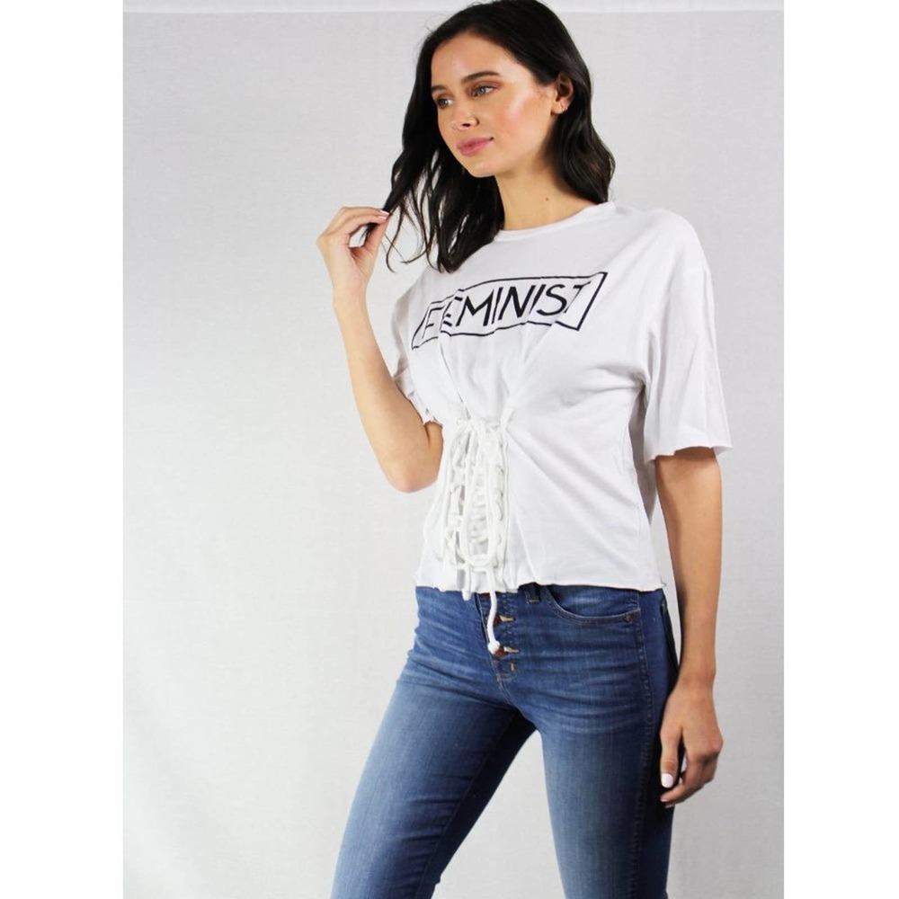 Lace-Up Graphic Tee - Feminist - M